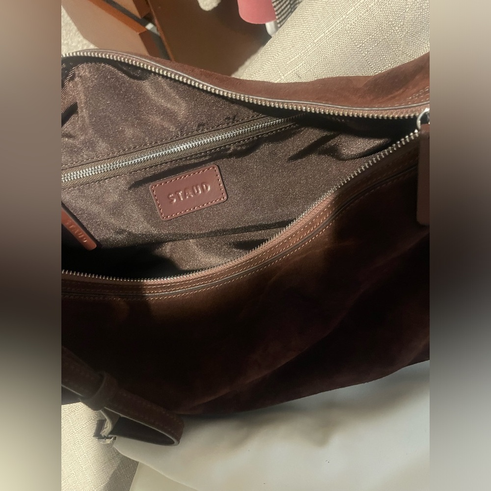 STAUD Taru suede brown large cylinder shoulder crossbody bag - Picture 6 of 9